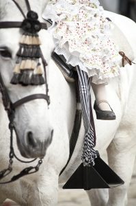 Little girl riding a white andalusian horse